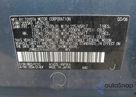 2006 Toyota Rav4 from USA, damaged, VIN JTMBD33V466010767